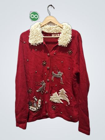 Basic Editions Holiday Red Christmas Sweater with Sherpa Collar