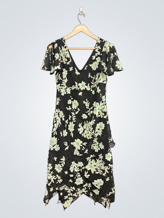 Black floral print dress with ruffled hem