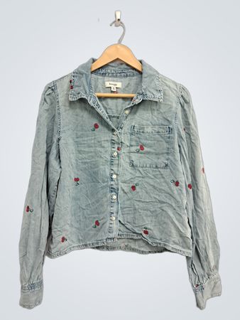 Kensie Light Wash Cherry Embroidered Button-Up Shirt