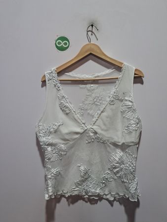 White sheer floral applique tank top
