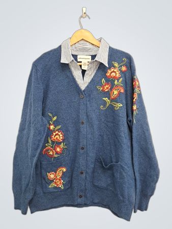 Alfred Dunner Blue Embroidered Cardigan