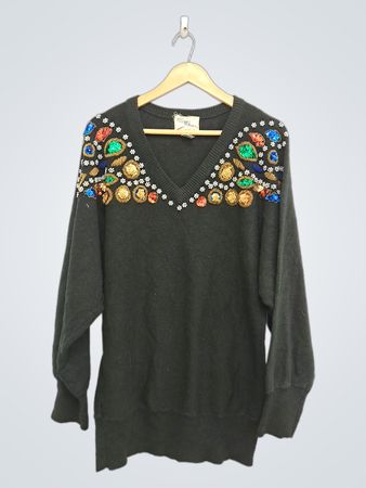 Black V-Neck Sweater with Embellishments