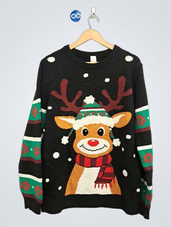 Black Christmas Sweater with Reindeer Graphic