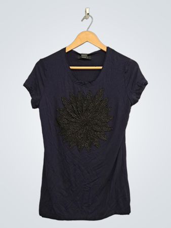 GRACIA Women's Navy Blue T-Shirt with Black Floral Embellishment
