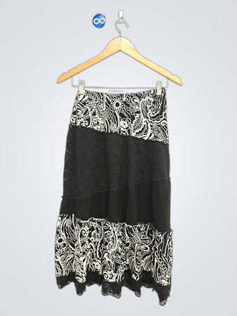 SUSAN LAURENCE Gonna midi a balze con motivo bianco e nero
