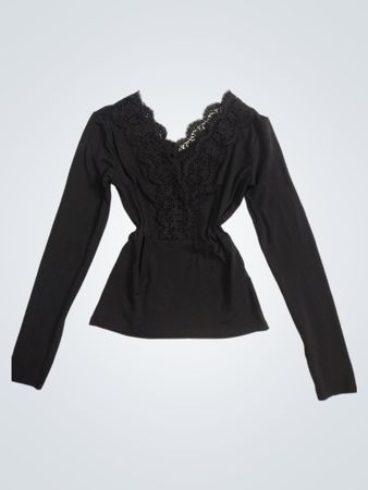 Schwarzes Langarm-Top mit Spitzenbesatz