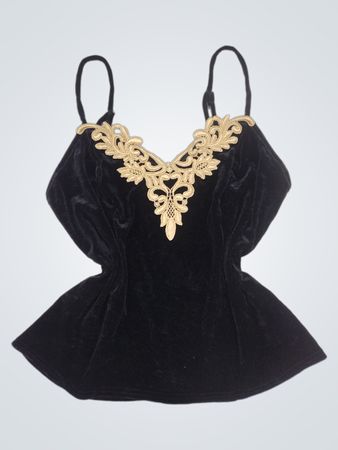 Schwarzes Samt-Camisole mit goldenen Spitzenbesatz