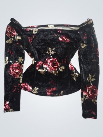 Garage Schwarzes Floral-Velours Off-Shoulder Langarm-Oberteil