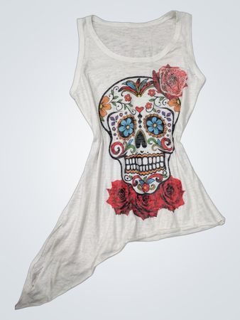 Weißes Tanktop mit Zucker-Schädel- und Rosen-Graphic