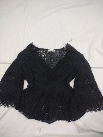 Schwarz Spitze Glockenärmel V-Ausschnitt Peplum Oberteil