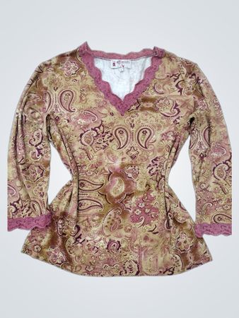 Affinites Paisley Print Lace Trim V-Neck Top