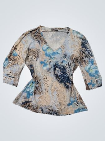 Elinette Damen Blau Blumendruck 3/4 Ärmel V-Ausschnitt Top
