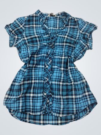 St. John's Bay Blaue Schottenkaromuster Rüschenshirt mit kurzen Ärmeln