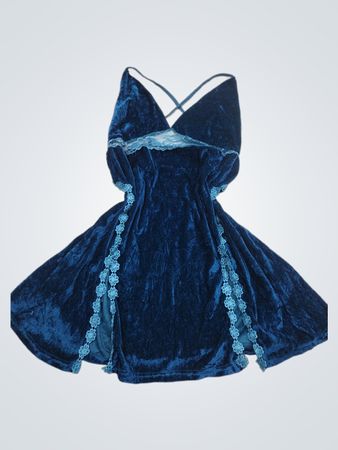 Blaues Samt-Slipkleid mit Spitzeneinsatz