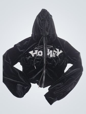 Schwarzer Velours-Cropped-Hoodie mit "HONEY" Grafik