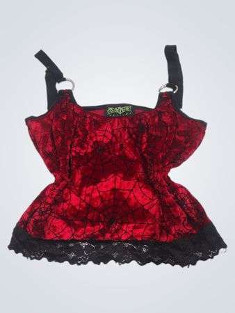 Blackheart Designs Roter Samt Spinnennetz-Spitzenbesatz-Cami-Top