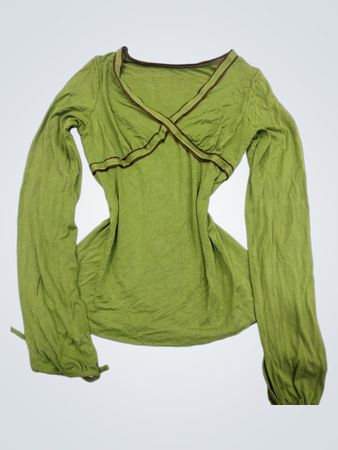 Grünes Langarmshirt mit braunem Besatz