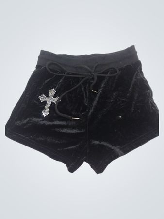 Schwarze Samtshorts mit Strasskreuz