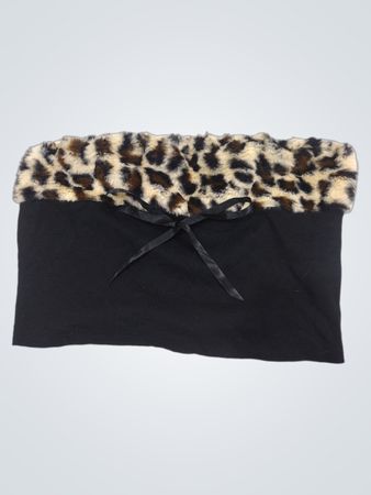 Schwarzes Tube-Top mit Leopardenmuster-Kunstpelzbesatz und Schleife