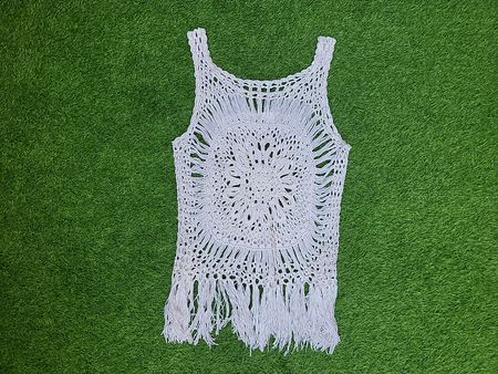 White Crochet Tank Top with Fringe