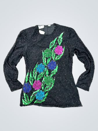 SCALA Black Beaded Floral Long Sleeve Blouse