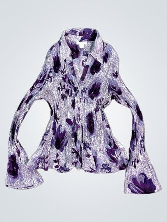 Worthington Donna Camicia a Maniche Lunghe Plissettata con Stampa Floreale Viola