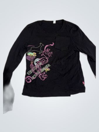 Black Long Sleeve Graphic Top with Mushroom Design