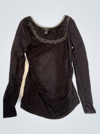 Black Long-Sleeve Top with Beaded Neckline