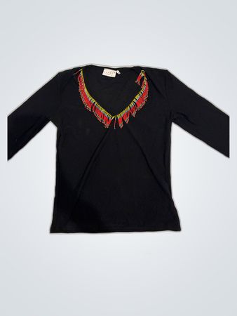 H&M Black Long Sleeve V-Neck Top with Red Fringe