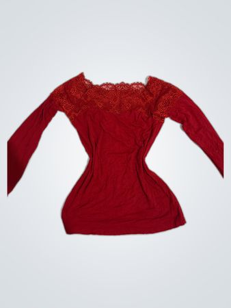 Red Lace Trim Long Sleeve Blouse