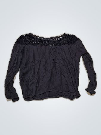 Navy Blue Long Sleeve Ruffle Blouse