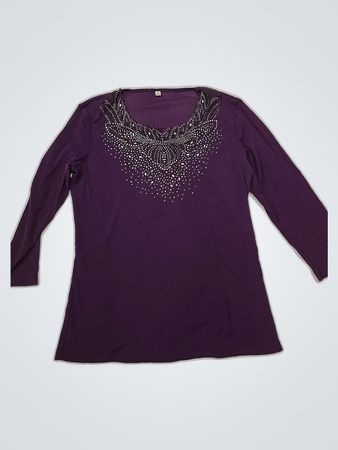 Purple Beaded Neckline Long Sleeve Blouse
