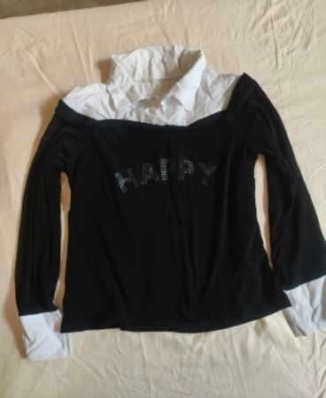 Black Long-Sleeve Printed Blouse with Rhinestone 'HAPPY' Detail