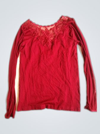 Red Long-Sleeve Blouse with Lace Detail
