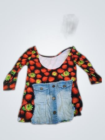 Strawberry Print Top with Denim Panel