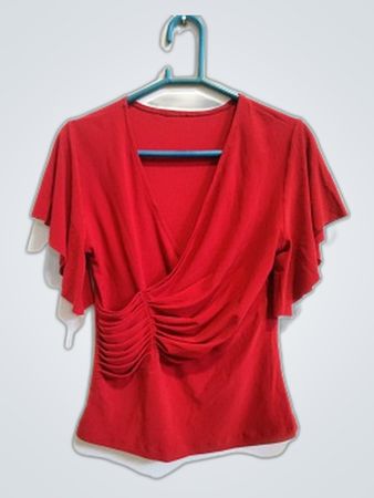 Red Ruffle Sleeve Wrap Blouse