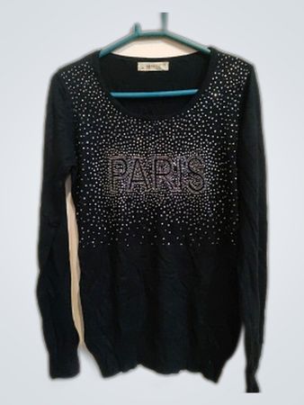 Black Long Sleeve Top with Paris Embellishment