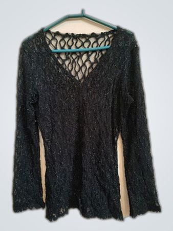 Black Mesh Knit V-Neck Long Sleeve Top