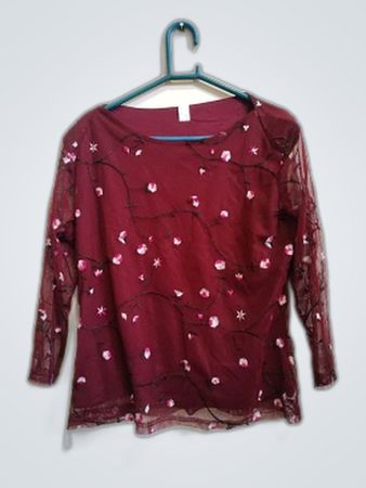 Burgundy Sheer Sleeve Embroidered Blouse Size L