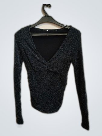 Black Glitter Long Sleeve Wrap Blouse