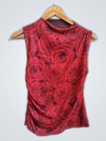 Red Rose Print Sleeveless Mock Neck Top