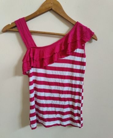 Pink and White Striped Off-Shoulder Ruffle Top