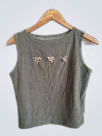 Olive Green Leopard Heart Applique Tank Top Size L