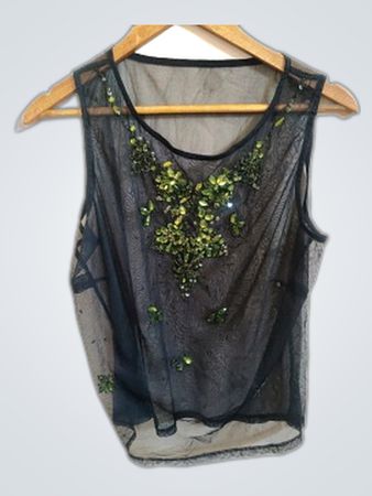 Unbranded Black Mesh Cami Top with Green Sequins