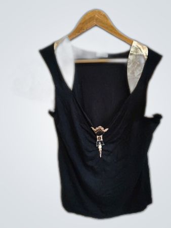Enny V-Neck Blouse with Gold Satin Shoulders