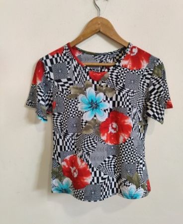 Blouse with Floral and Chessboard Pattern