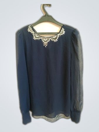 Blue Long Sleeve Blouse with Embellished Neckline