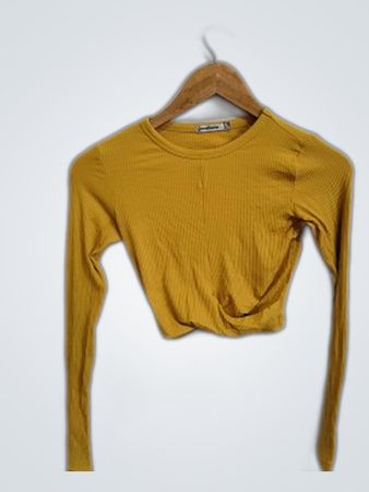 Stradivarius Yellow Ribbed Cropped Long Sleeve Top