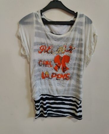 White and Black Striped T-Shirt with Graphic Design