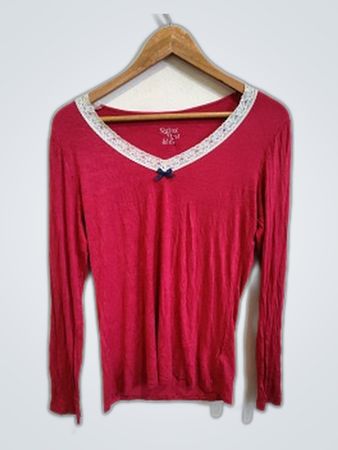 M&S Red Lace Trim Long Sleeve V-Neck Top